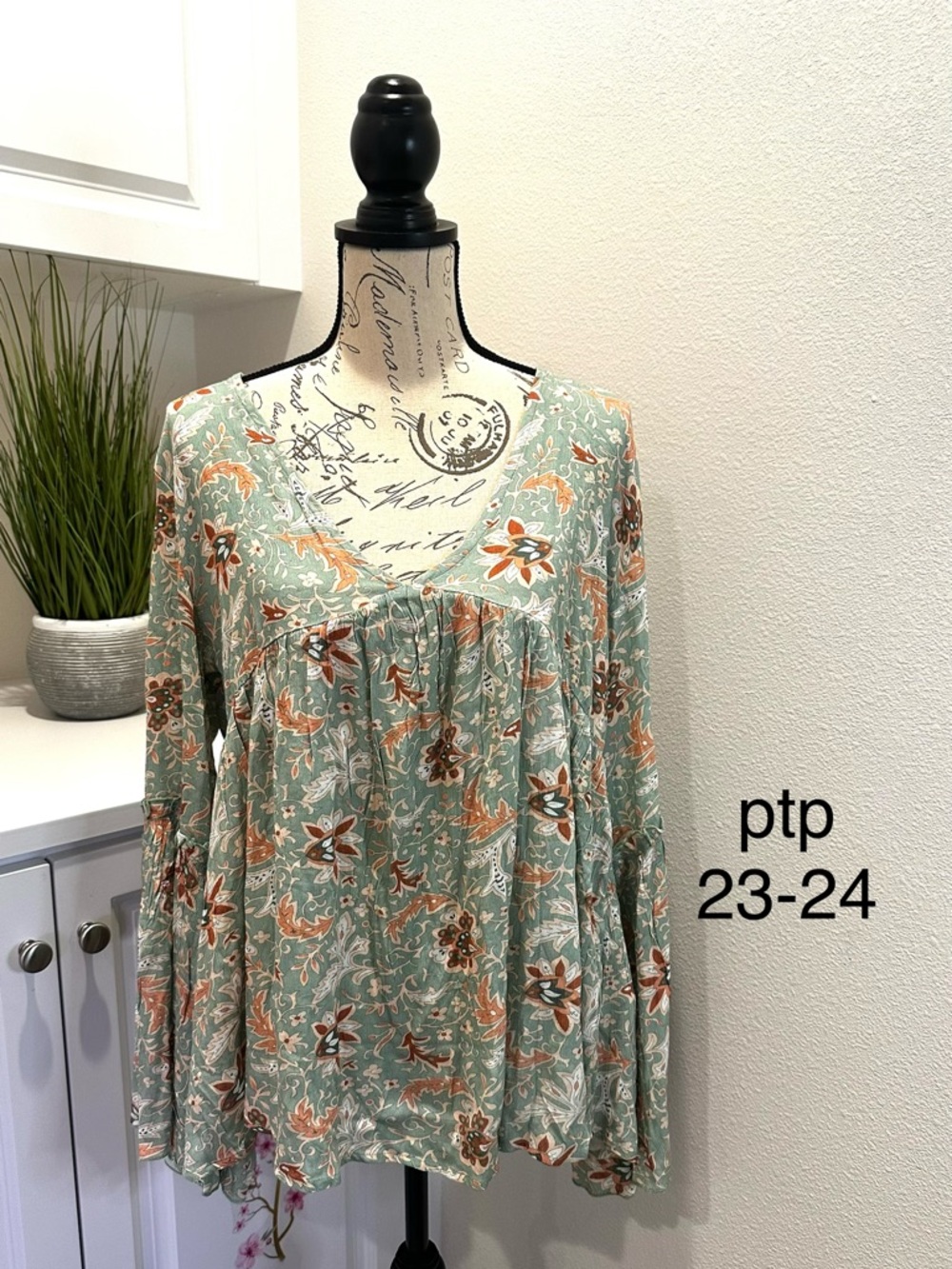 Three Bird Nest Floral Peasant Tunic in Sage Green and Rust